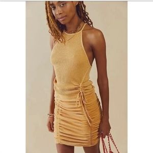 NEW Free People ONE Katya dress golden thermal ruched mini sleeveless tank Large